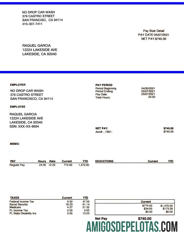 NO DROP CAR WASH Recibo de pagamento em formatos PDF e Word exemplo real
